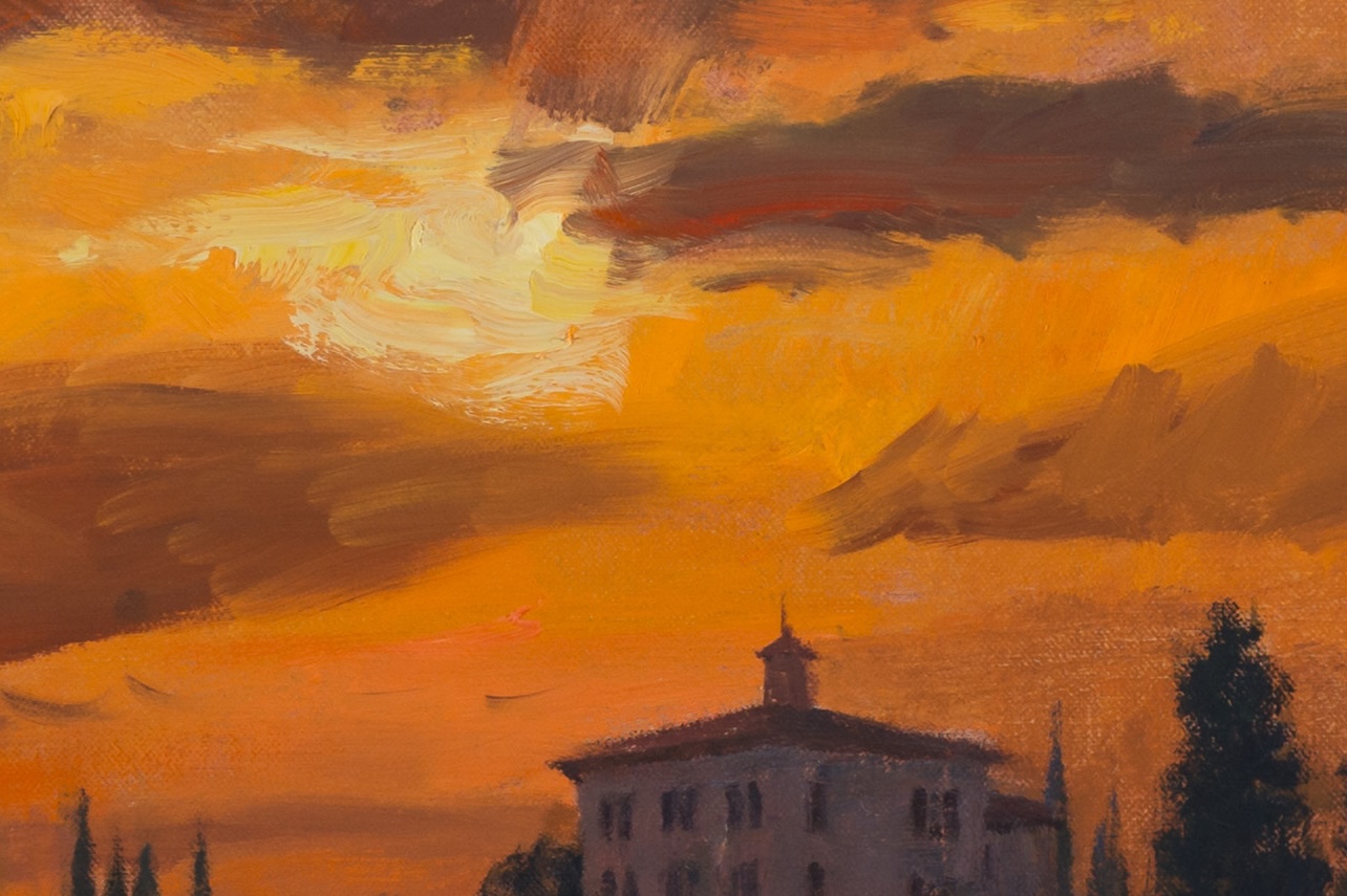 Joe Paquet painting photographed by Mitch Rossow - Sunset, Tuscany 30x50 - detail