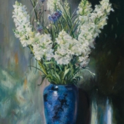 White Snapdragons and Blue Vase 36x24-painting by Louise Gillis