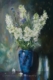White Snapdragons and Blue Vase 36x24-painting by Louise Gillis