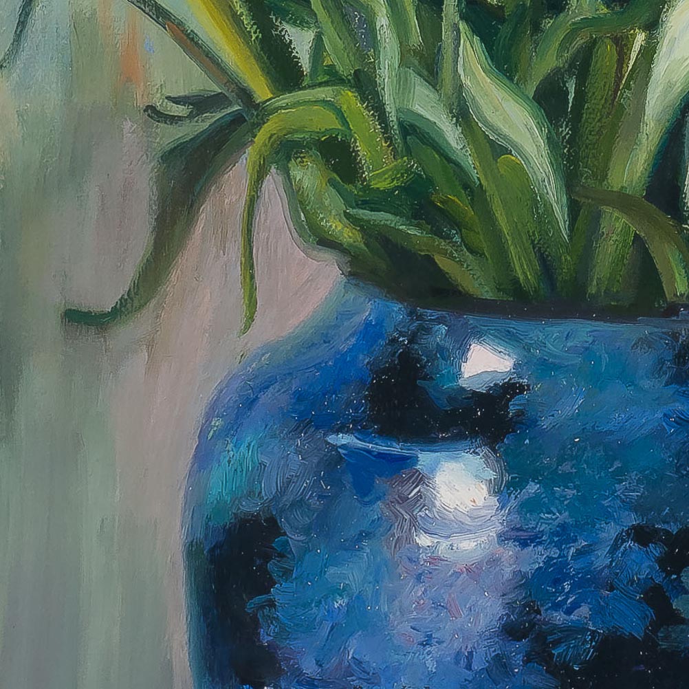 White Snapdragons and Blue Vase 36x24-painting by-Louise Gillis-detail