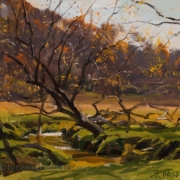 Autumn, Backlit Trees-8x105 - painting by Joe Paquet photographed by Mitch Rossow