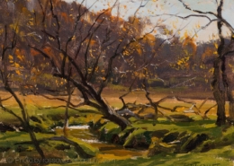 Autumn, Backlit Trees-8x105 - painting by Joe Paquet photographed by Mitch Rossow