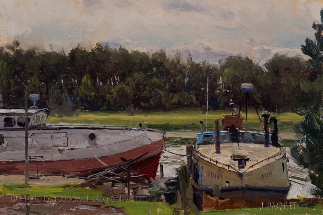 Joe Paquet painting photographed by Mitch Rossow - Lake Boats at Rest 8x12