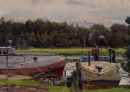 Joe Paquet painting photographed by Mitch Rossow - Lake Boats at Rest 8x12