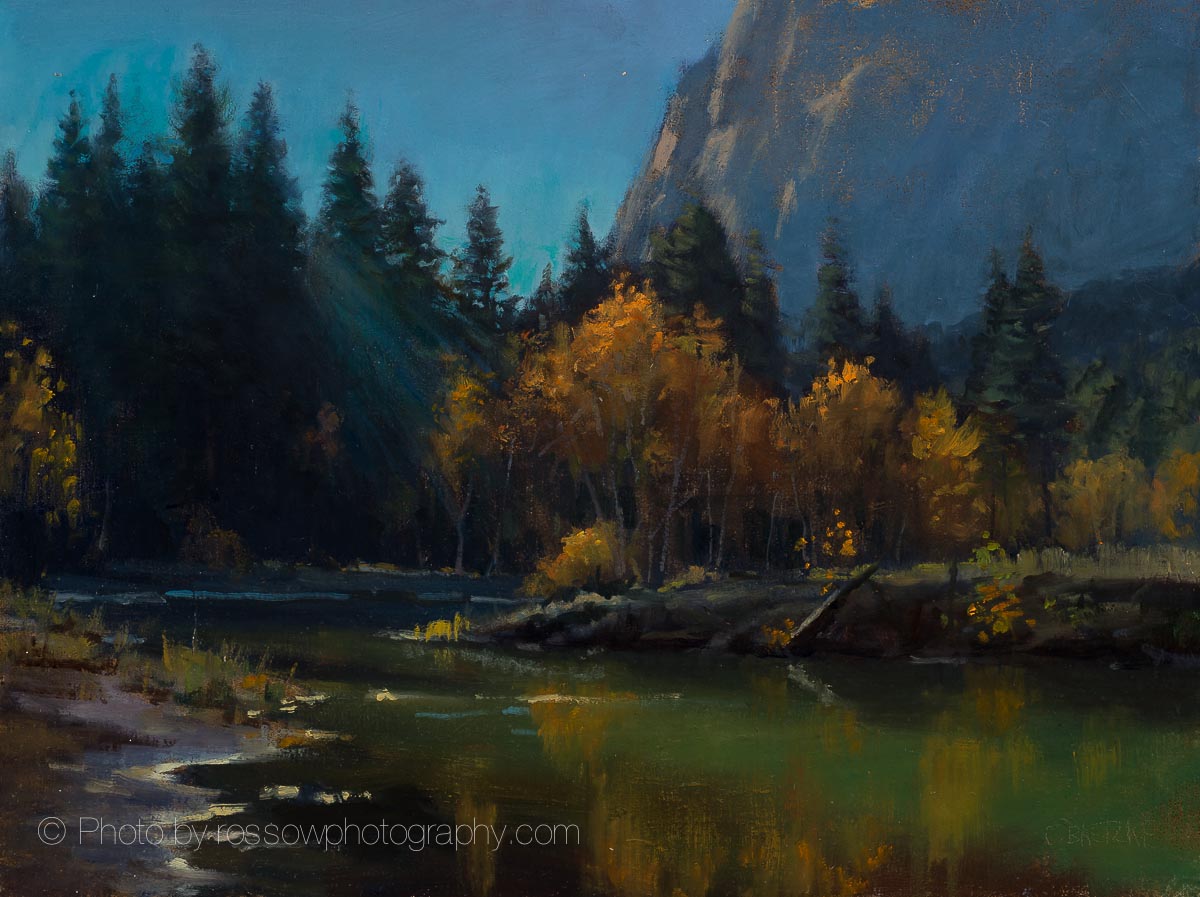 Carl Bretzke painting photographed by Mitch Rossow - Morning Light at River's Bend