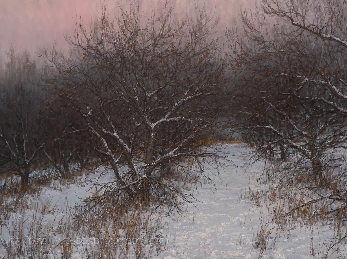 Dusk in the Frozen Orchard 18x24- painting by Hannah Heyer photographed by Mitch Rossow