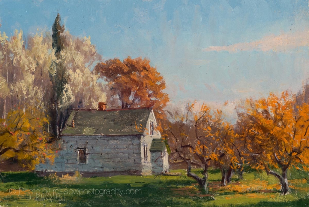 Joe Paquet painting photographed by Mitch Rossow - Apple Trees and Asbestos Shingles 8x12