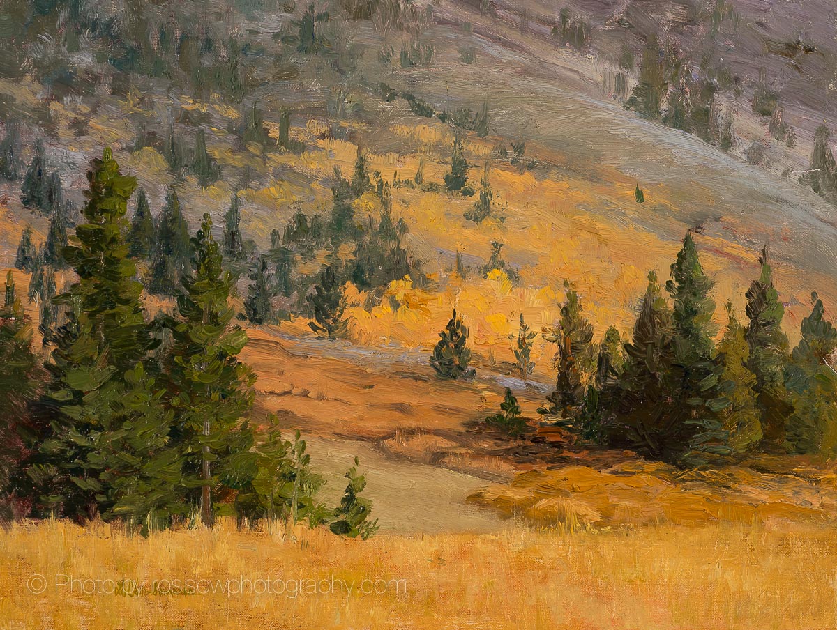 Cheryl LeClair-Sommer painting photographed by Mitch Rossow - Golden Mountainside