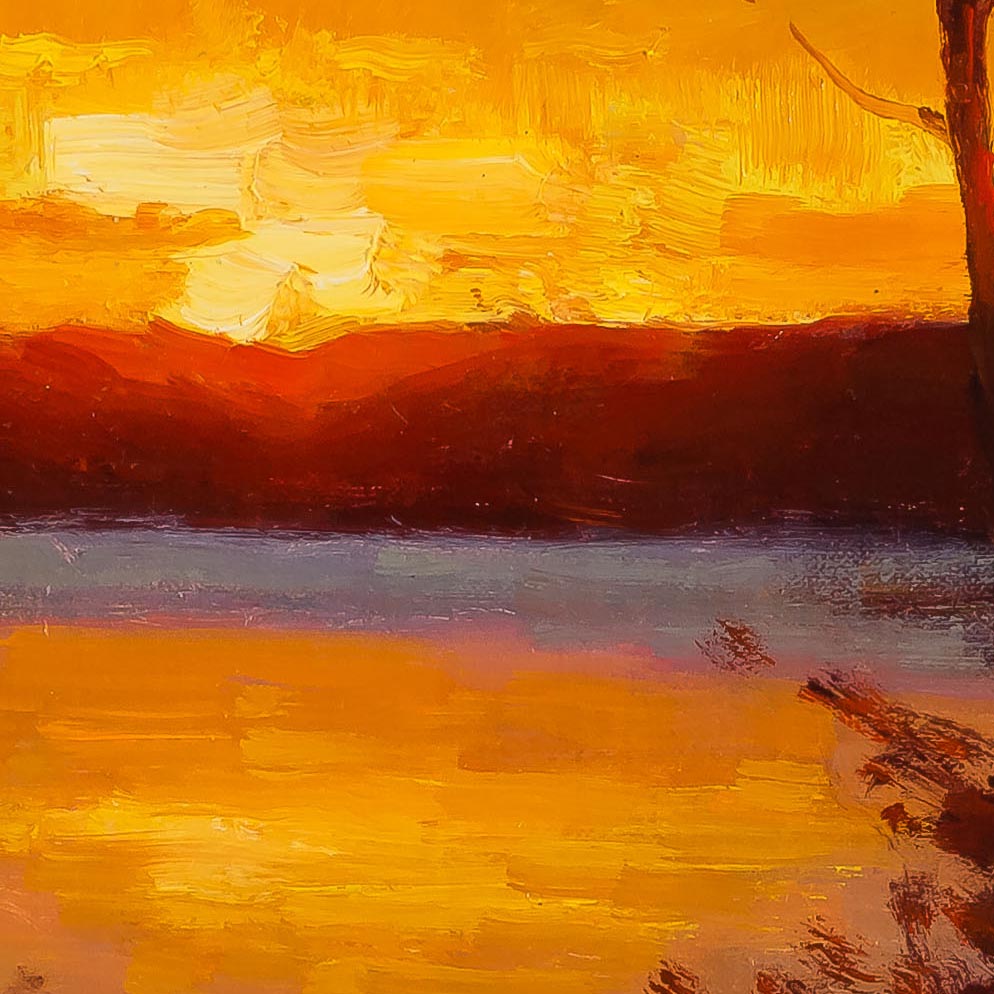 Carl Bretzke painting photographed by Mitch Rossow - Sun Setting Over Frozen Lake 18x24 - detail