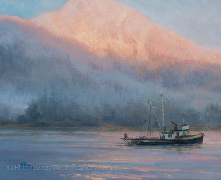 Mary Pettis painting photographed by Mitch Rossow - First Snow on the Mountains - Heading Out on Wrangell Narrows 11x135