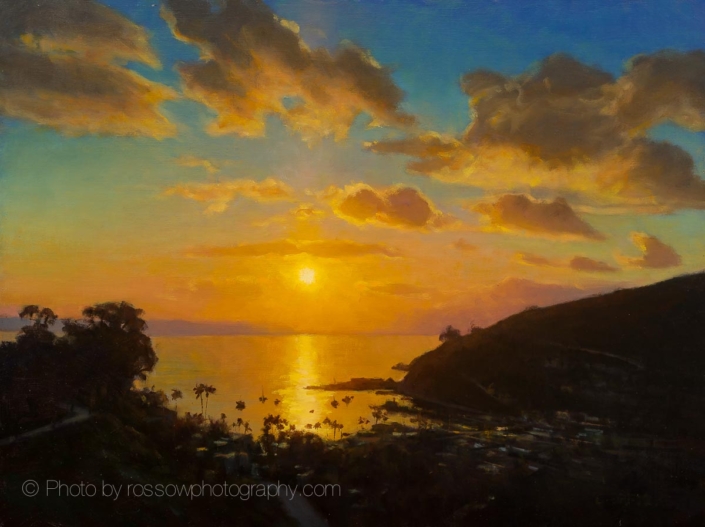 Carl Bretzke painting photographed by Mitch Rossow - Golden Horizon Above Avalon