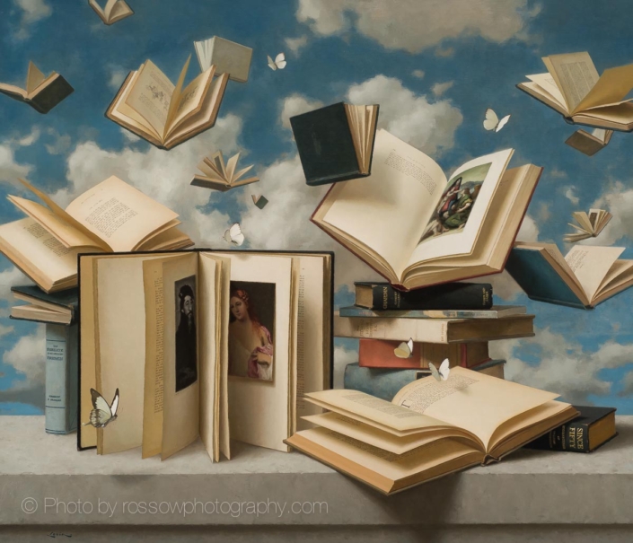 Steve Levin painting photographed by Mitch Rossow - Floating Books and Butterflies