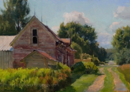 Joe Paquet painting photographed by Mitch Rossow - Raspberries and Red Barn 8x12
