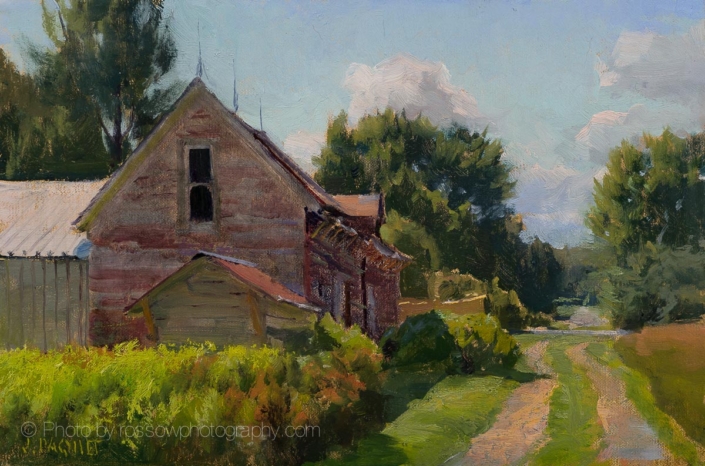 Joe Paquet painting photographed by Mitch Rossow - Raspberries and Red Barn 8x12