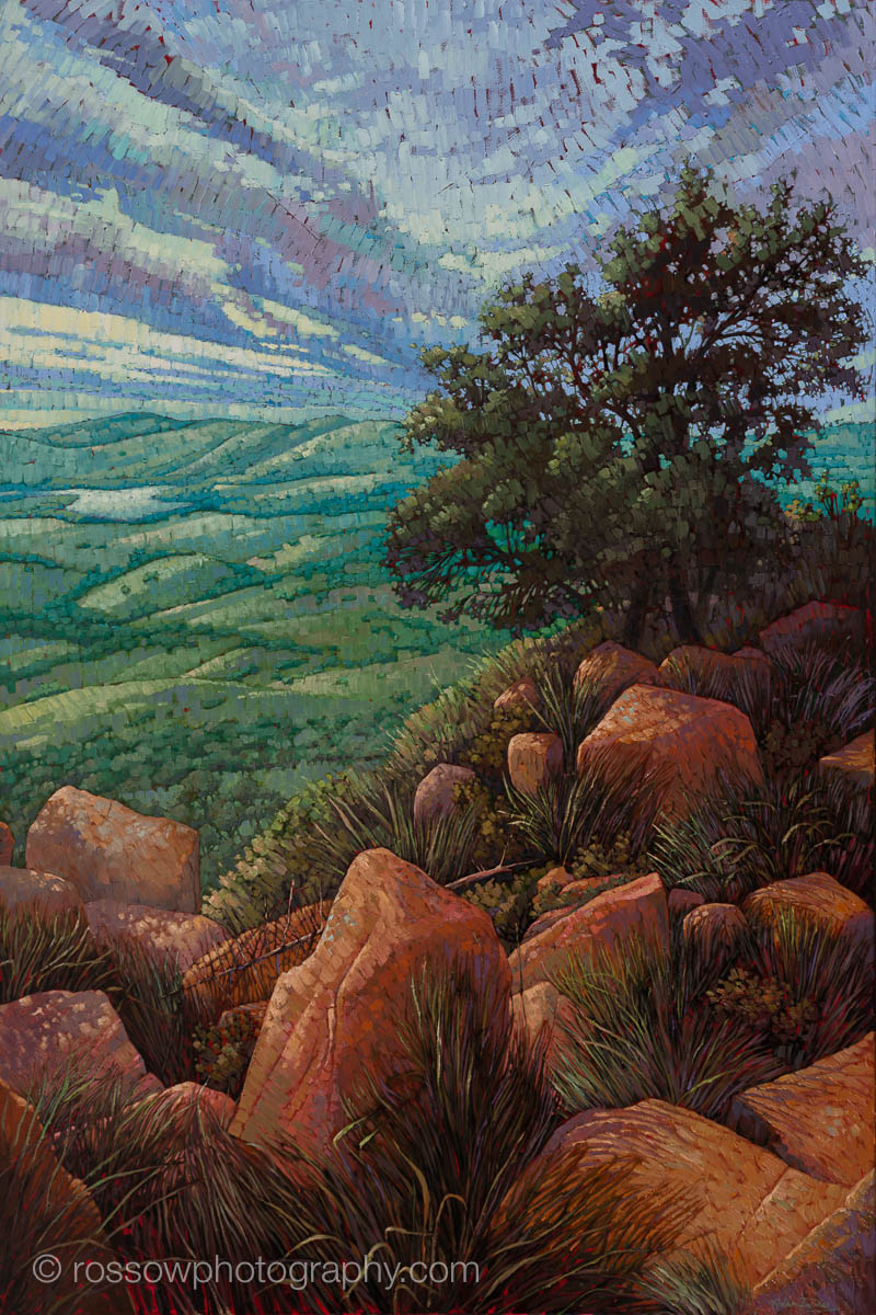 Adam Turner painting photographed by Mitch Rossow - Wichita Morning Overlook 48x72